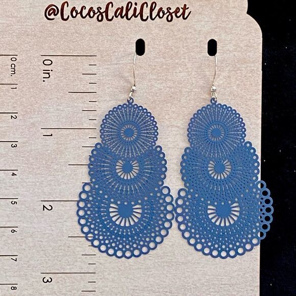 Vintage Style Boho Filigree Tiered Circle Navy Dark Blue Drop Earrings NWT - Picture 6 of 8